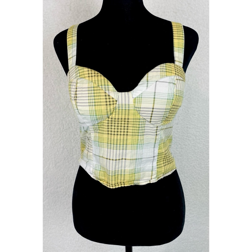 TWINE & STRING • Yellow/Green/White/Brown Plaid Bustier Smocked Crop Top, L - Picture 15 of 16